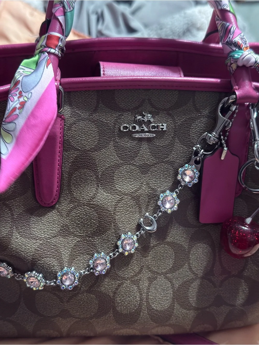 Coach Brown Monogram Satchel with Pink Trim and Cherry Charm